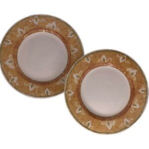 Set/2 Pier One Moroccan Antiqued Gold Green Trim Salad Dessert Plates 8 3/4"